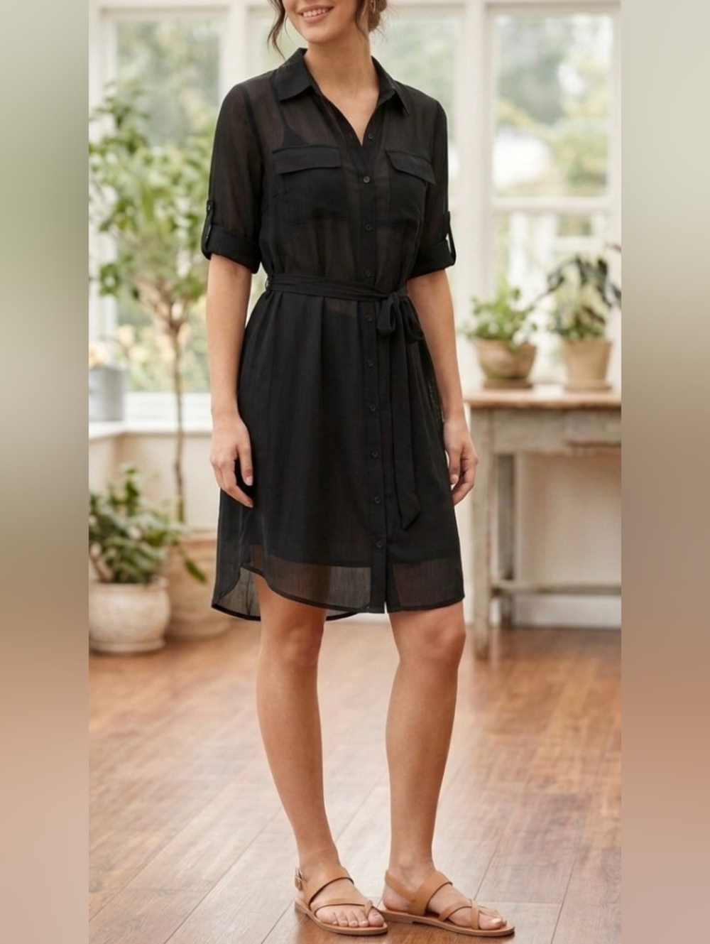 New York & Company Black Sheer Shift Button-Front Shirt Dress with Waist Tie